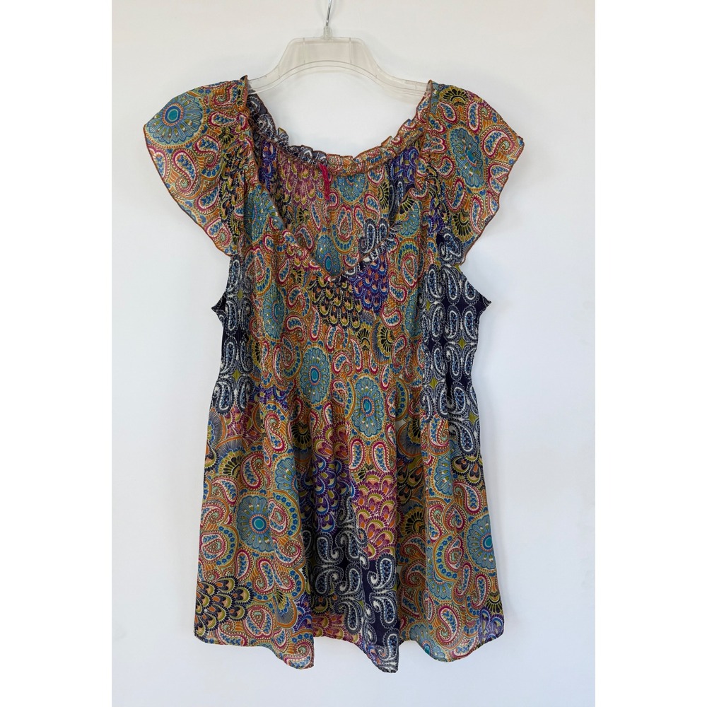 Women's Paisley Blouse Smocked Flutter Sleeve Baby Doll Top Boho Fairy Milk Maid